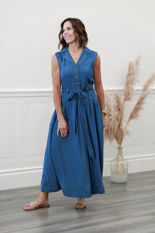Notch Collar Sleeveless Belted Denim Midi Dress
