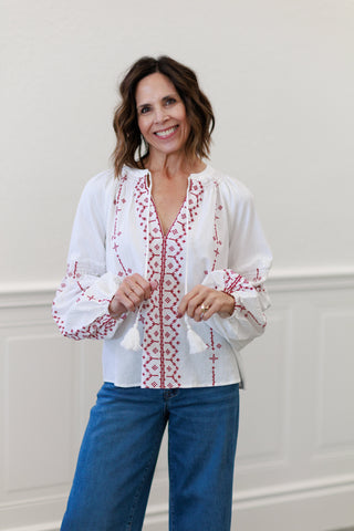 Bohemian Embroidered Split Neck Blouse