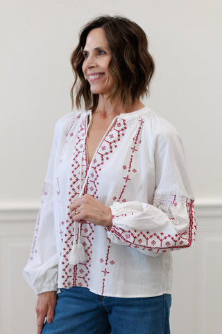 Bohemian Embroidered Split Neck Blouse