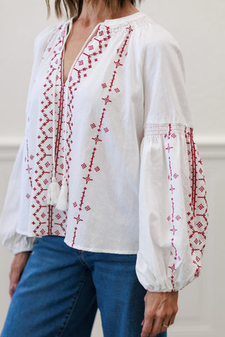 Bohemian Embroidered Split Neck Blouse