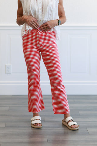 High Rise Tonal Crop Flare Jeans in Red Gingham