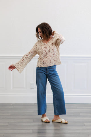 Natural Medallion Crochet Long Sleeve V Neck Top