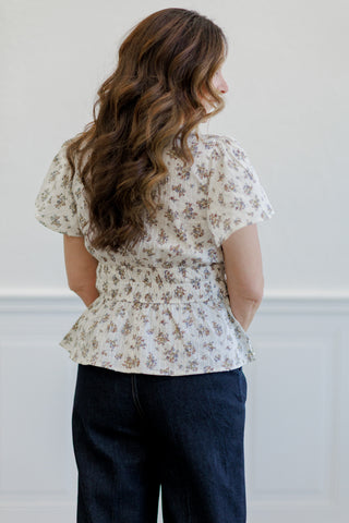 Dusty Blue Floral Flutter Sleeve Smocked Peplum Top