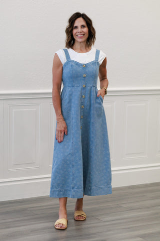 Floral Embroidered Denim Midi Dress