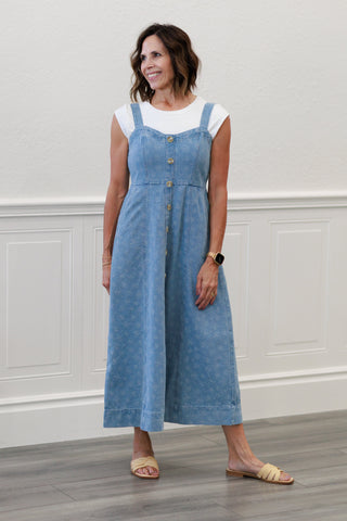 Floral Embroidered Denim Midi Dress