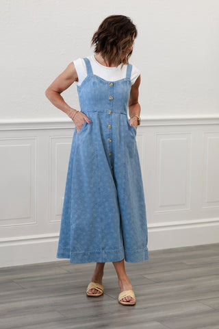 Floral Embroidered Denim Midi Dress