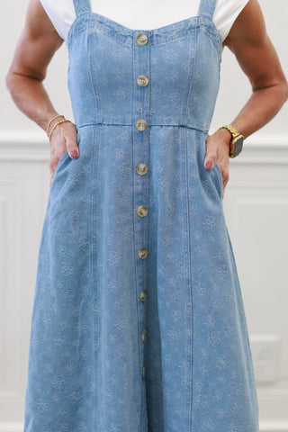 Floral Embroidered Denim Midi Dress