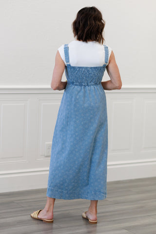 Floral Embroidered Denim Midi Dress