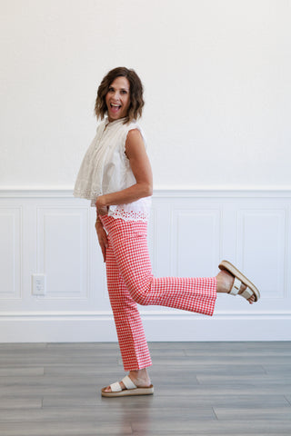 High Rise Tonal Crop Flare Jeans in Red Gingham