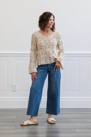 Natural Medallion Crochet Long Sleeve V Neck Top