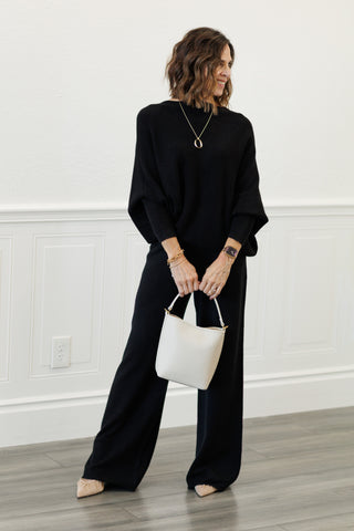 MILIO MILANO Ribbed Cuff & Hem Asymmetrical Sweater in Black Noir