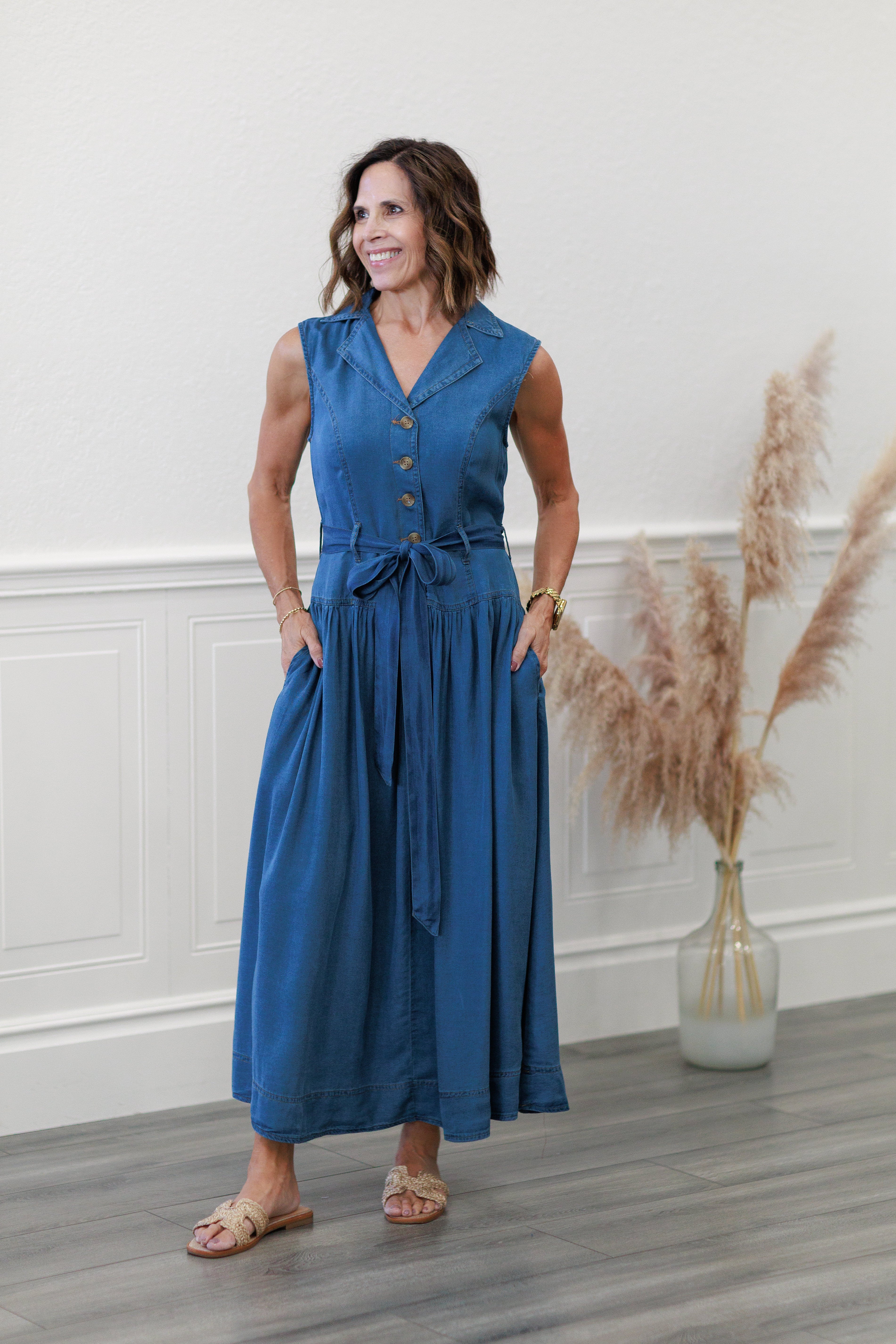 Blu Pepper Belted Denim Midi Dress | Notch Collar