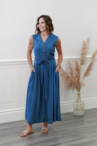 Notch Collar Sleeveless Belted Denim Midi Dress