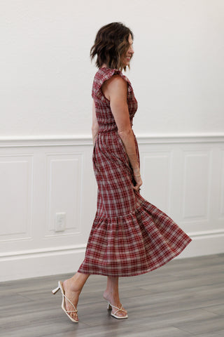 Ruffle Smocked Bodice Midi Dress in Burgundy Plaid | blu pepper