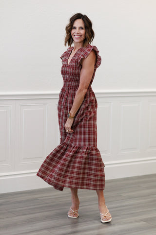 Ruffle Smocked Bodice Midi Dress in Burgundy Plaid | blu pepper