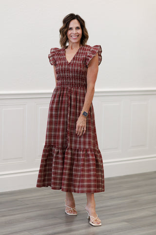 Ruffle Smocked Bodice Midi Dress in Burgundy Plaid | blu pepper