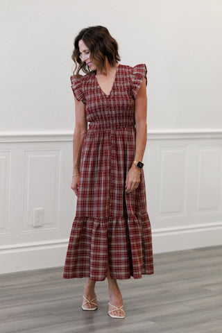 Ruffle Smocked Bodice Midi Dress in Burgundy Plaid | blu pepper