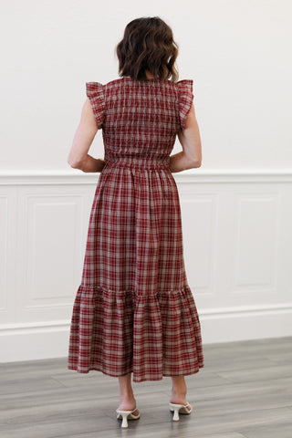 Ruffle Smocked Bodice Midi Dress in Burgundy Plaid | blu pepper