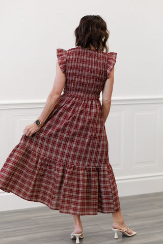 Ruffle Smocked Bodice Midi Dress in Burgundy Plaid | blu pepper