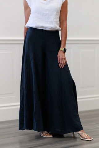 100% Italian Linen A-Seam Wide Leg Palazzo Pants in Navy
