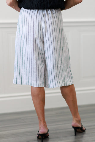 100% Linen Wide Leg Bermuda Shorts in Ivory/Black Pinstripe