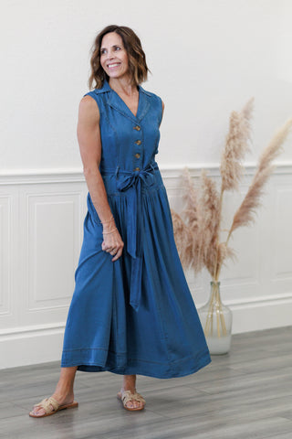 Notch Collar Sleeveless Belted Denim Midi Dress