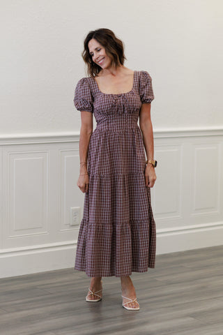 Mocha Plaid Puff Sleeve Midi Dress