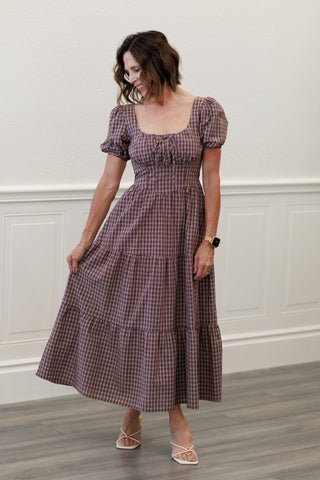 Mocha Plaid Puff Sleeve Midi Dress
