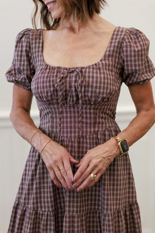 Mocha Plaid Puff Sleeve Midi Dress