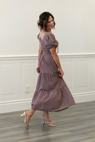 Mocha Plaid Puff Sleeve Midi Dress