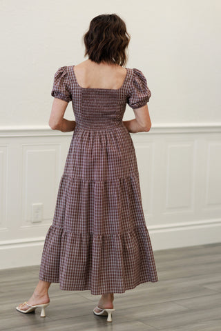 Mocha Plaid Puff Sleeve Midi Dress