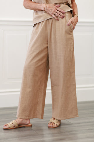Contrast Stitch Elastic Waist Wide Leg Pants