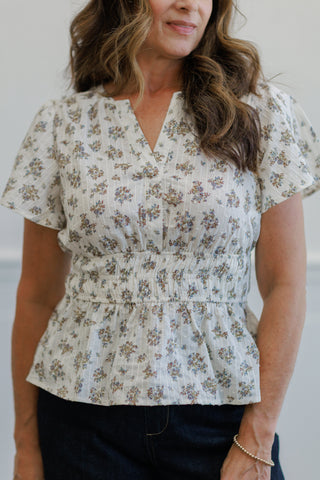 Dusty Blue Floral Flutter Sleeve Smocked Peplum Top