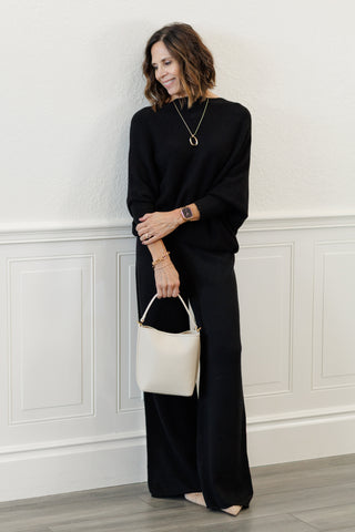 MILIO MILANO Ribbed Cuff & Hem Asymmetrical Sweater in Black Noir