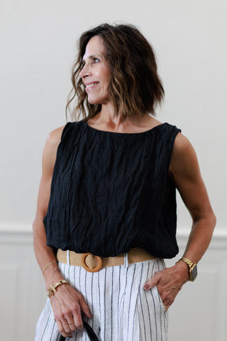 Black Linen Sleeveless Blouson Top | Elastic Gathered Hem