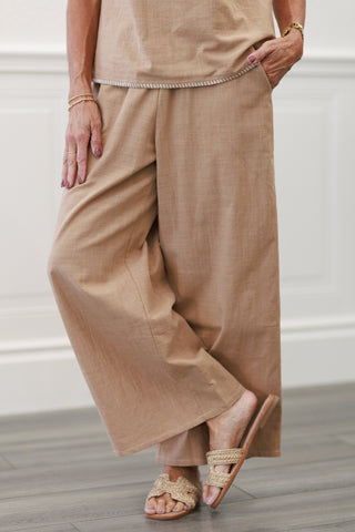 Contrast Stitch Elastic Waist Wide Leg Pants