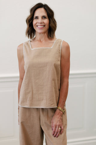 Contrast Stitch Square Neck Sleeveless Top