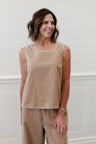 Contrast Stitch Square Neck Sleeveless Top