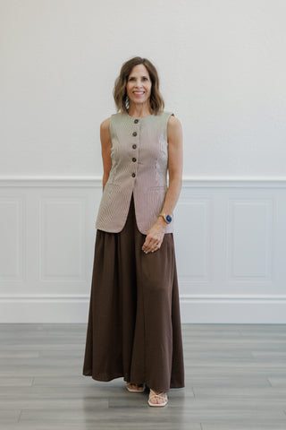 Brown Crinkle Gauze Ruffle Trim Maxi Skirt