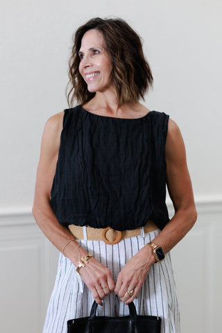 Black Linen Sleeveless Blouson Top | Elastic Gathered Hem