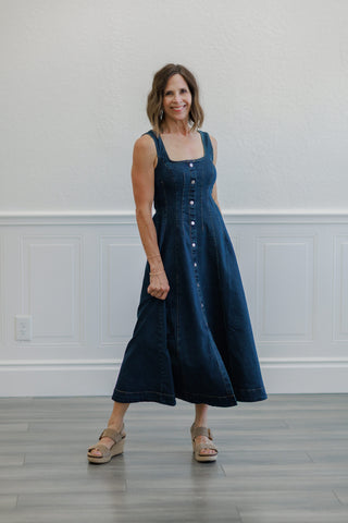 Dark Wash Denim Square Neck Button Front Midi Dress