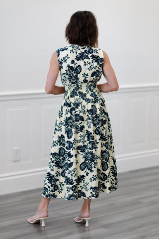 Floral Print Smocked Waist Midi Dress in Navy