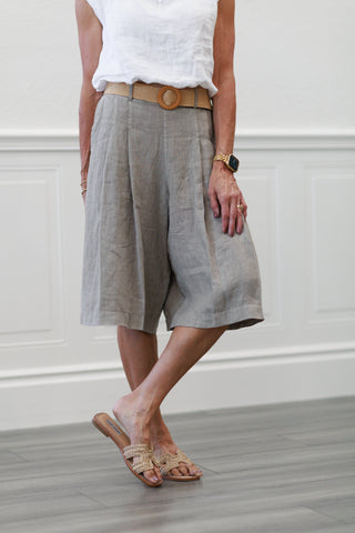 100% Linen Wide Leg Bermuda Shorts in Taupe