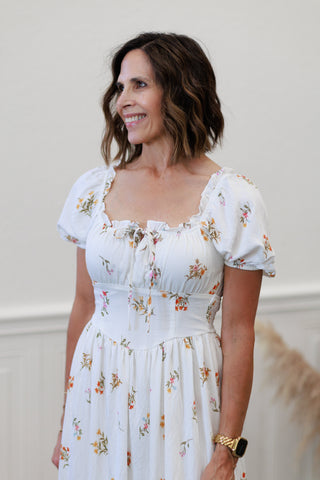 Ivory Floral Puff Sleeve Smocked Midi Dress