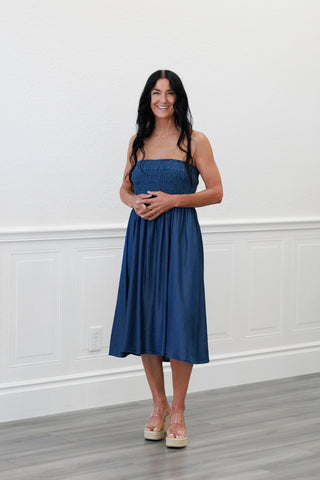 Smocked-Waist Midi Skirt in Dark Denim