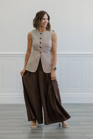 Brown Crinkle Gauze Ruffle Trim Maxi Skirt