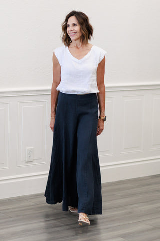 100% Italian Linen A-Seam Wide Leg Palazzo Pants in Navy