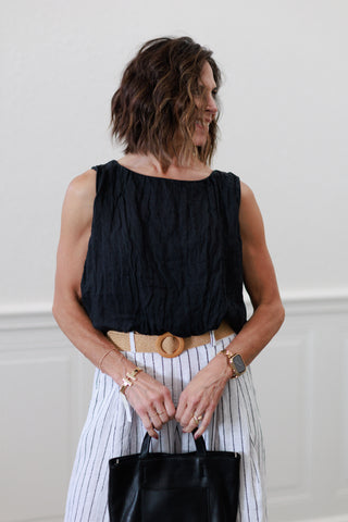 Black Linen Sleeveless Blouson Top | Elastic Gathered Hem
