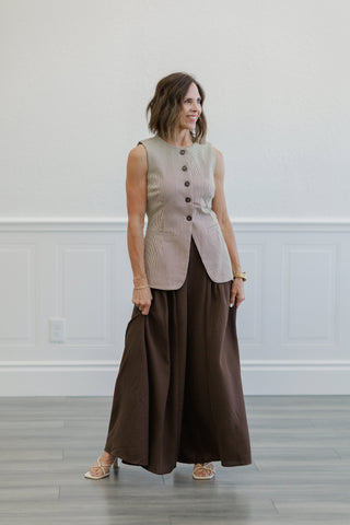 Brown Crinkle Gauze Ruffle Trim Maxi Skirt