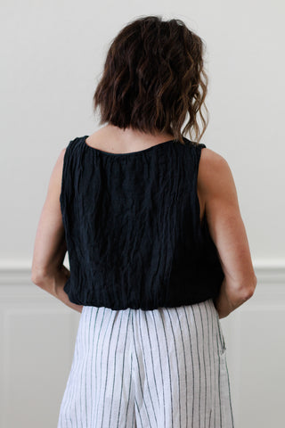 Black Linen Sleeveless Blouson Top | Elastic Gathered Hem